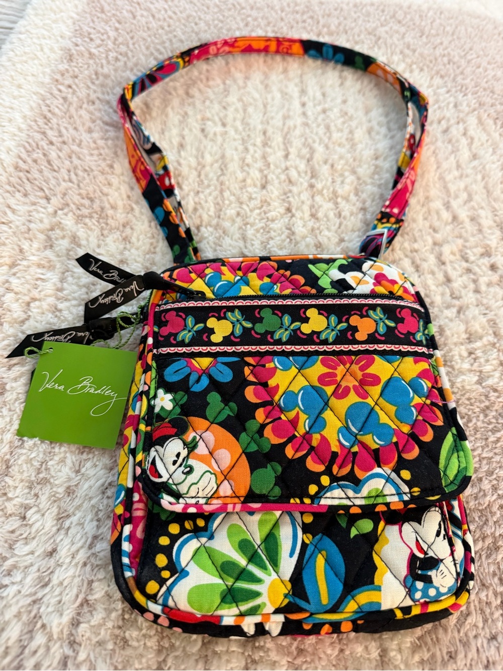 Vera Bradley Black Multicolor Floral Quilted Crossbody with Cartoon Accents